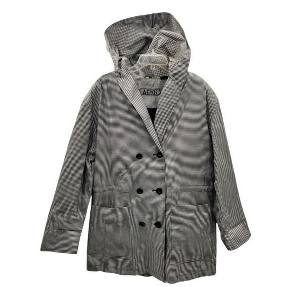 HP Vintage 90s‎ Aeros Black White Gingham Drawstring Waist Hooded Raincoat